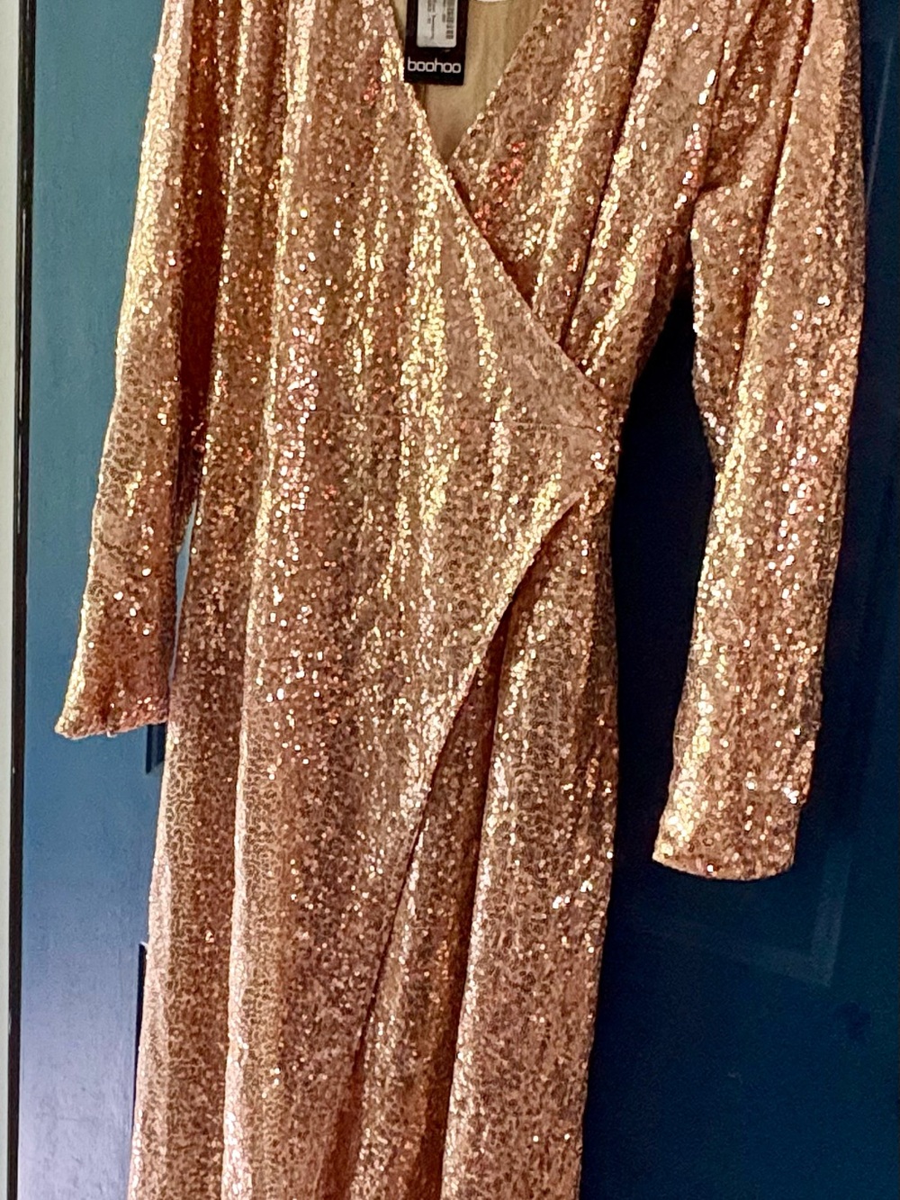 boohoo Rose Gold Sequin Wrap Long Sleeve Dress NWT